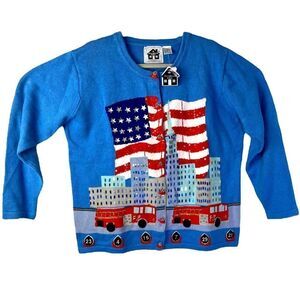 NWT Storybook Knits L/S Cardigan in Azure Blue Limited Edition Patriotic Theme L